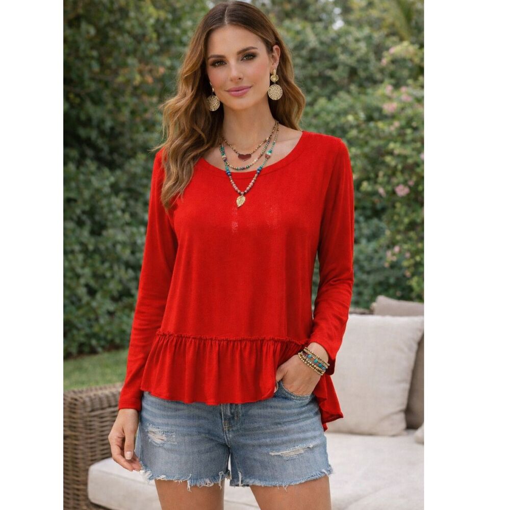 Anthropologie Cloth & Stone Open Back Ruffle Hem Blouse Red Size S